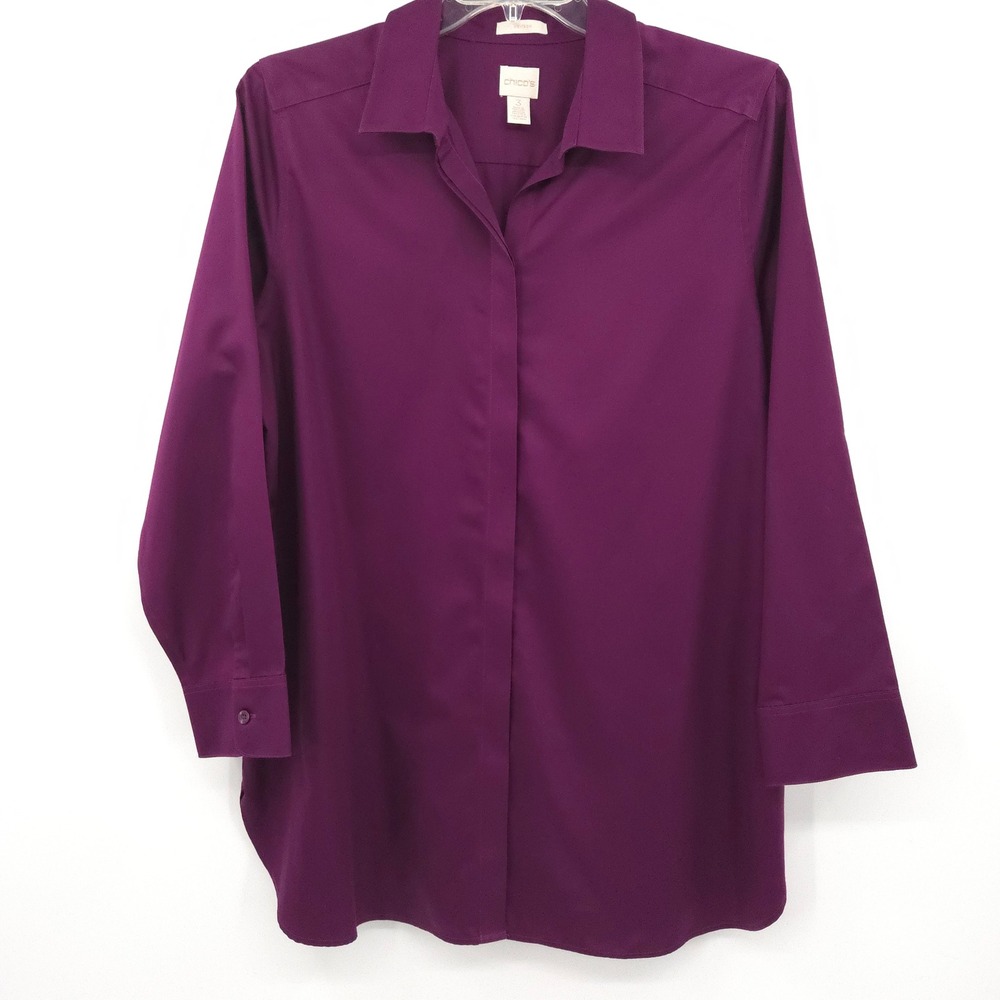 Chico's No-Iron Button Down Shirt Women Size 3 (XL) Purple Plum Long Sleeve